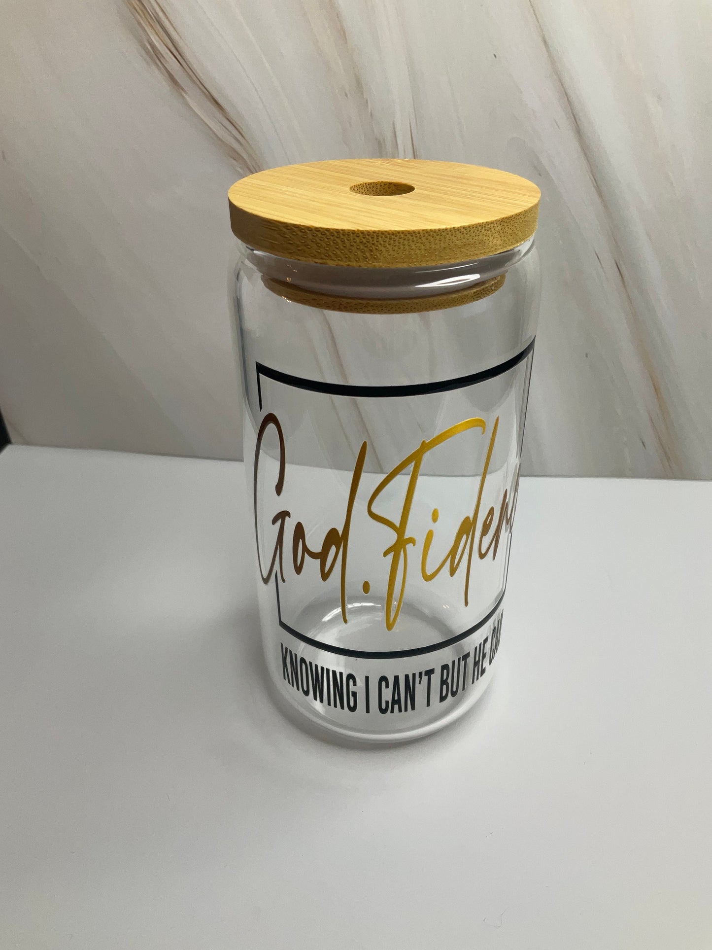 Faith-Based - 16 oz Clear Water Glass with Bamboo Lid & Plastic Straw