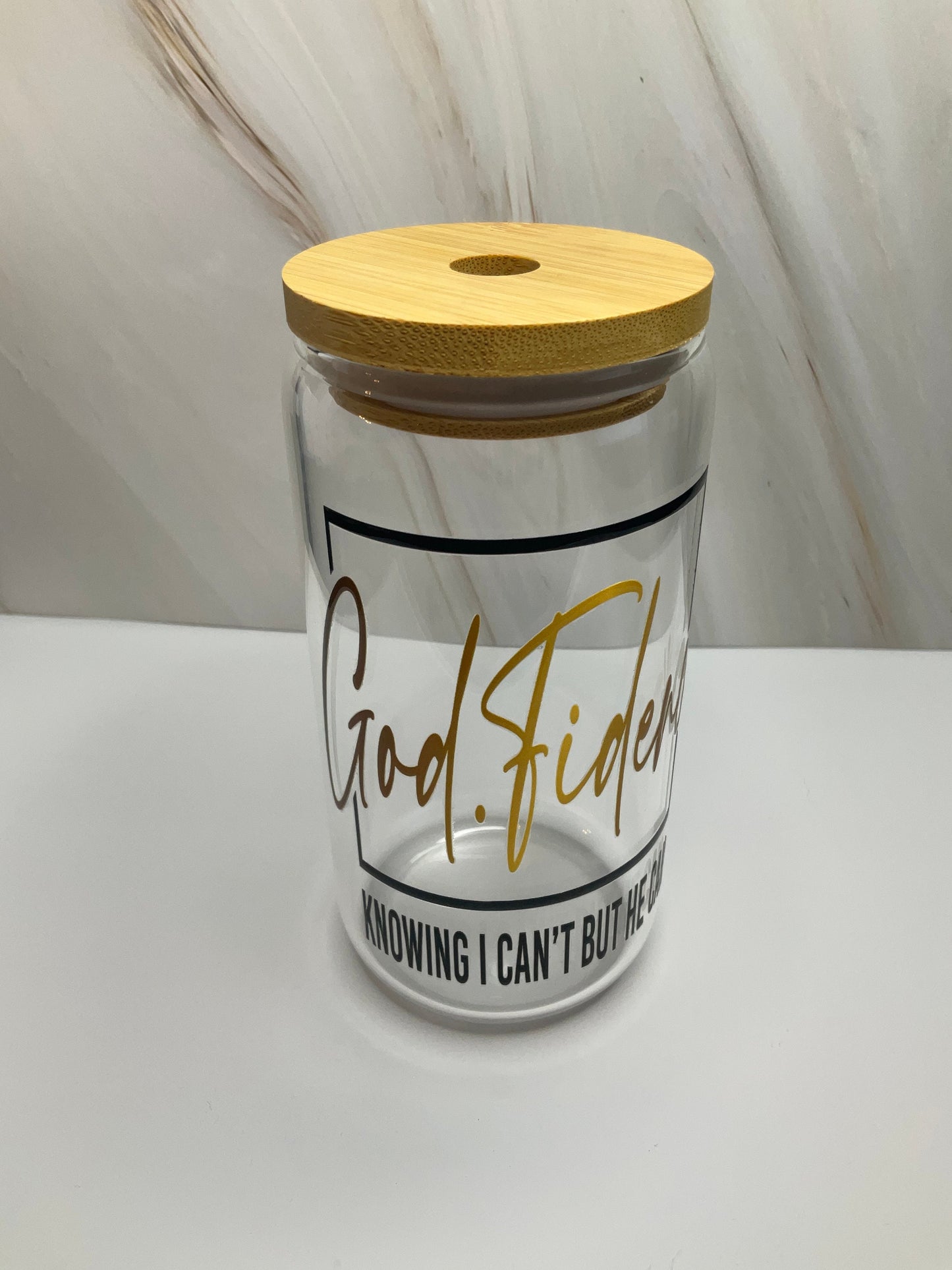 Faith-Based - 16 oz Clear Water Glass with Bamboo Lid & Plastic Straw