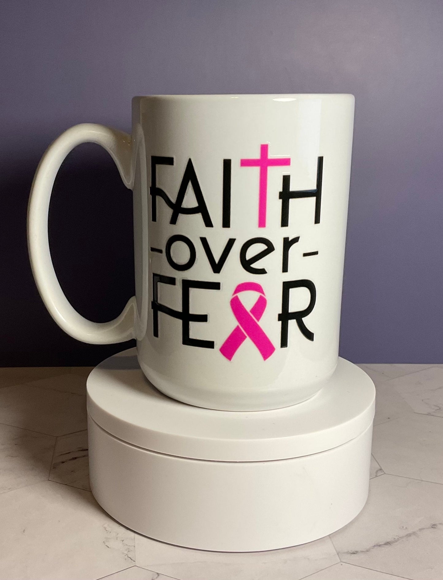 Faith Over Fear Coffee Mug: Inspirational Gift, Black & Pink Design