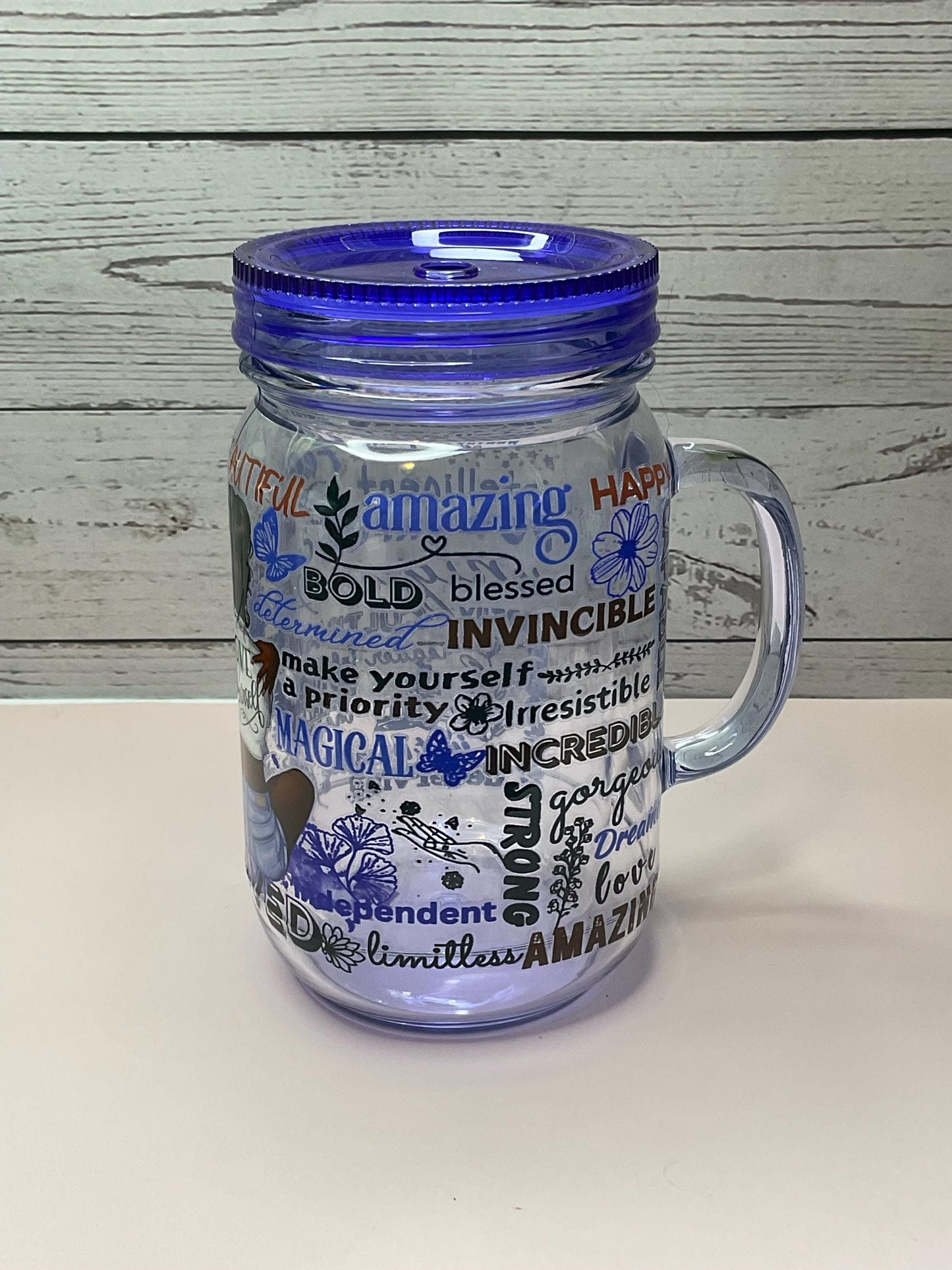 Love Yourself Affirmation Mason Jar: 20oz Reusable Plastic Cup with Lid & Straw