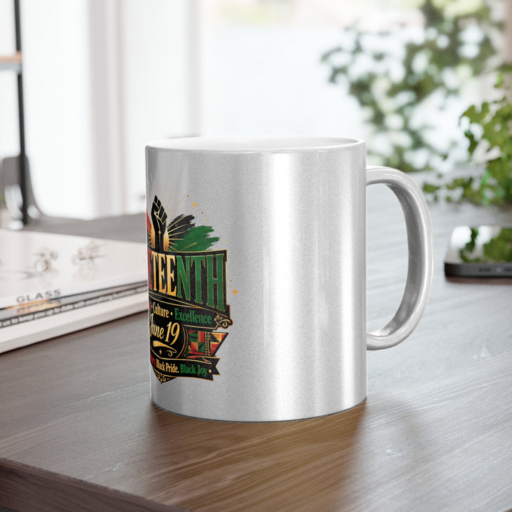 Juneteenth Metallic Mug — Raised Fist Pan-African Design (Silver/Gold, 11oz)