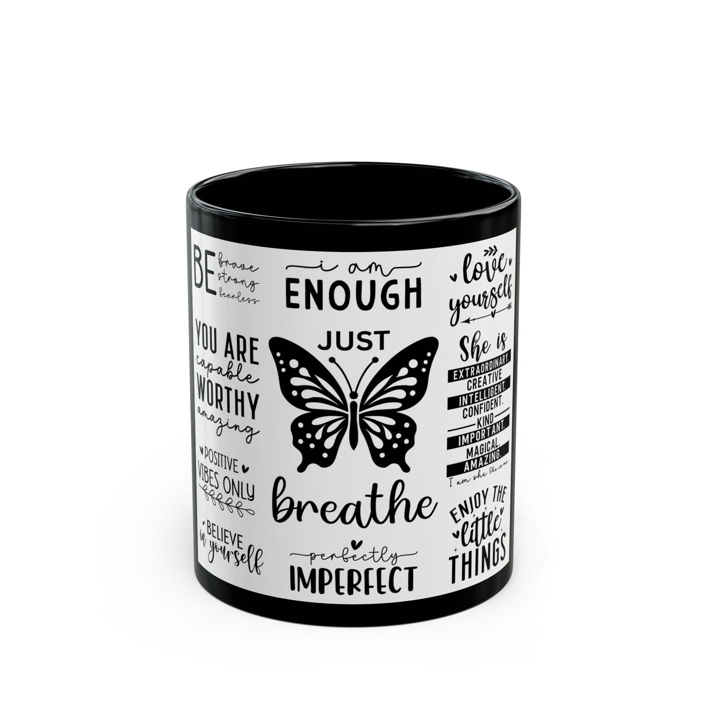 Inspirational Butterfly Mug — 'Just Breathe' Motivational Coffee Cup (Black, 11oz/15oz)
