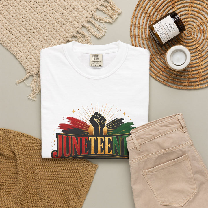 Juneteenth Raised Fist Tee — Garment-Dyed Vintage-Style Juneteenth T-Shirt