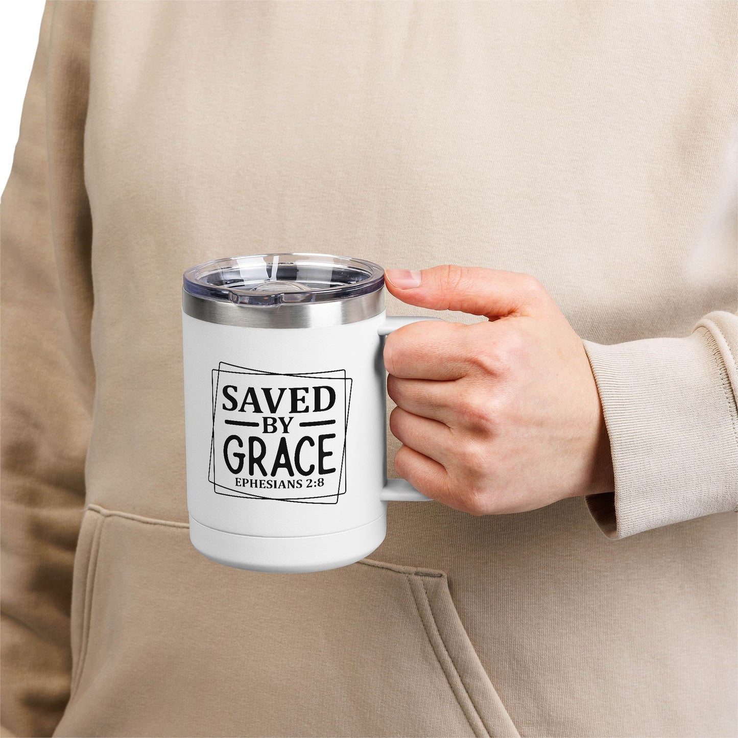 Saved by Grace 15oz Travel Mug – Ephesians 2:8 Christian Tumbler