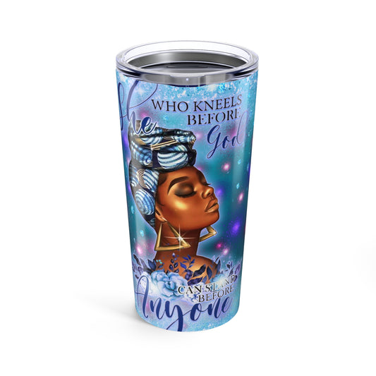 20oz Inspirational Tumbler — "Who Kneels Before God" Blue Butterfly Design
