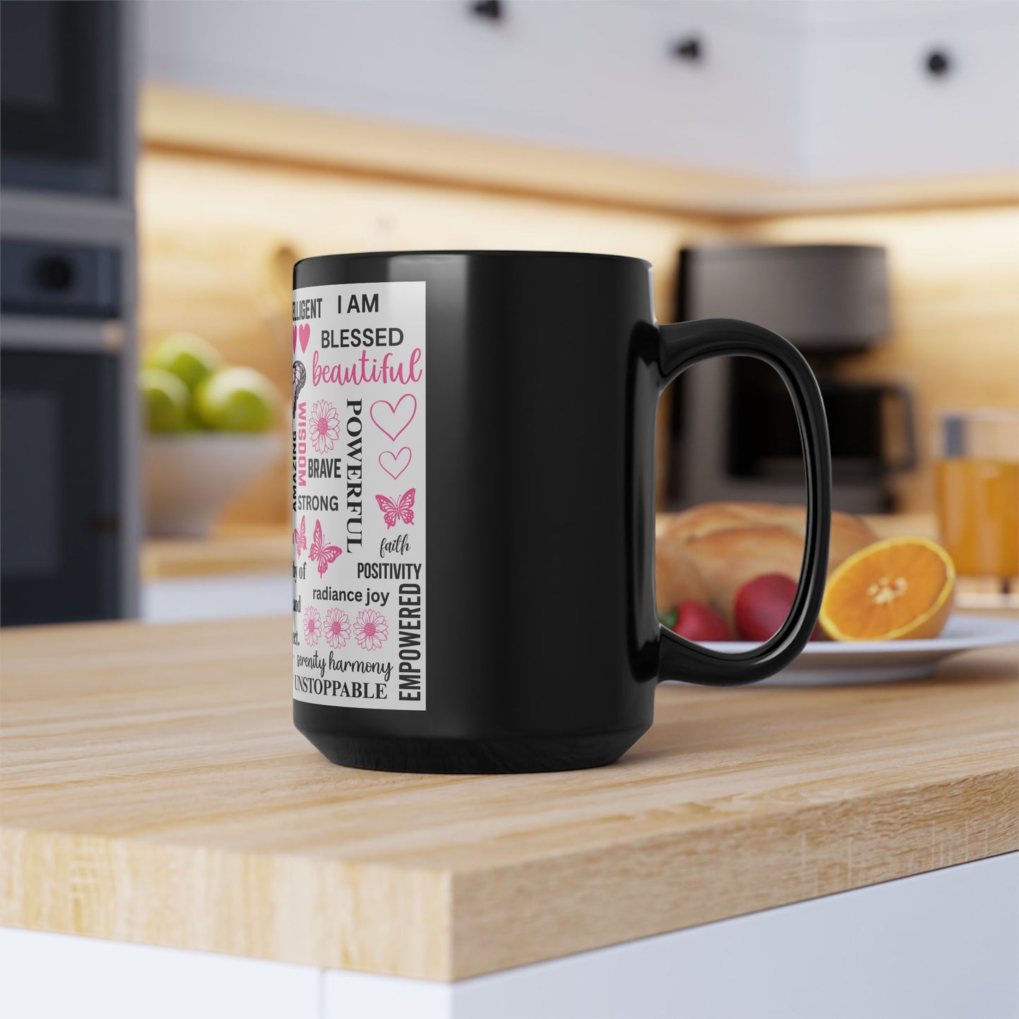 15oz Black Mug — Inspirational Butterfly Affirmation Coffee Cup (I Am... Words of Empowerment)