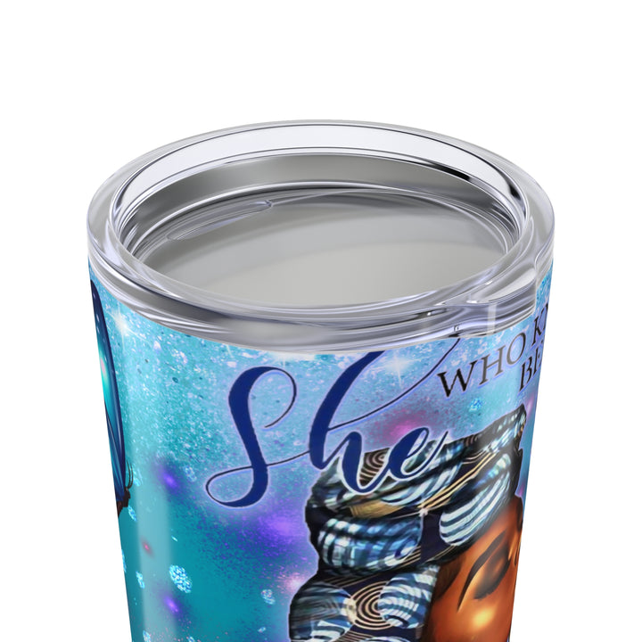 20oz Inspirational Tumbler — "Who Kneels Before God" Blue Butterfly Design