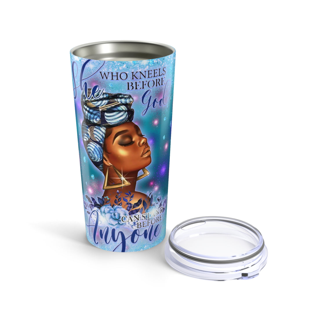 20oz Inspirational Tumbler — "Who Kneels Before God" Blue Butterfly Design
