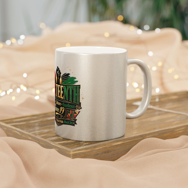 Juneteenth Metallic Mug — Raised Fist Pan-African Design (Silver/Gold, 11oz)