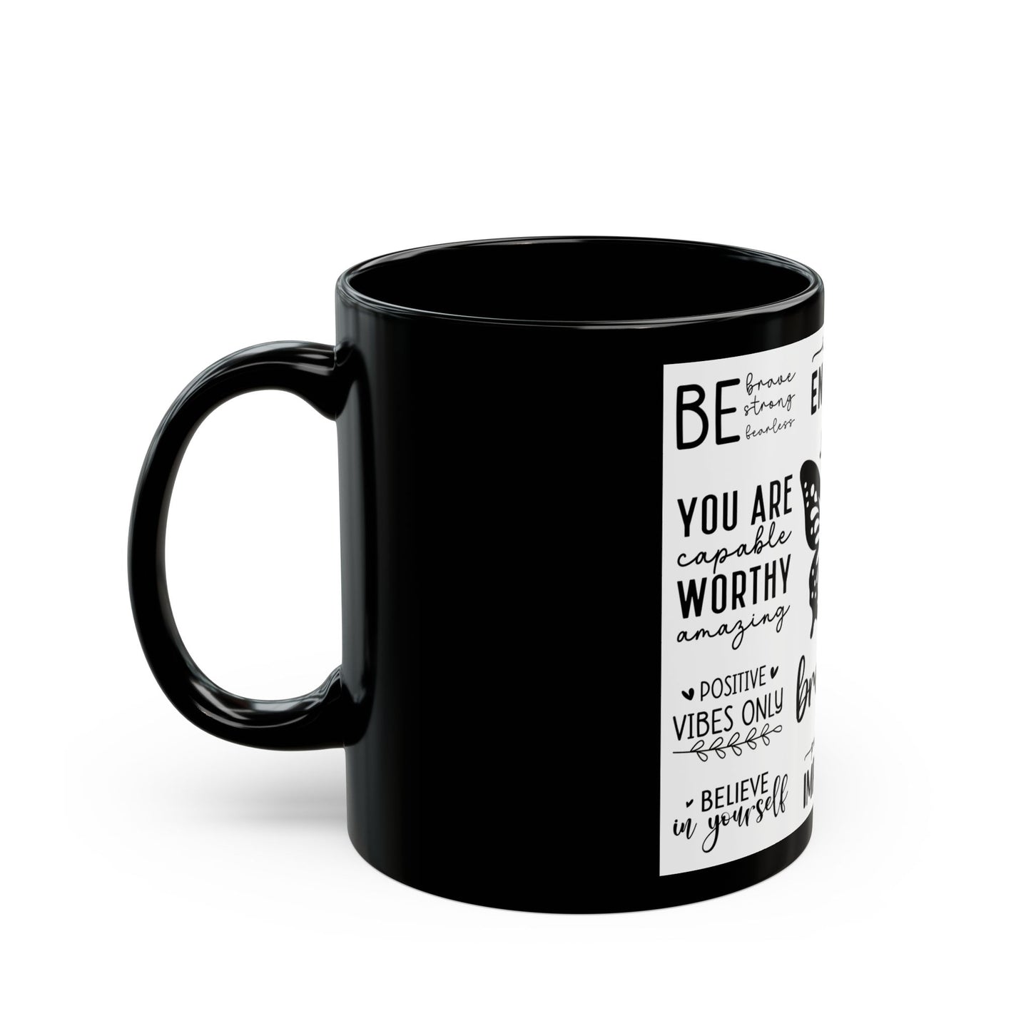 Inspirational Butterfly Mug — 'Just Breathe' Motivational Coffee Cup (Black, 11oz/15oz)