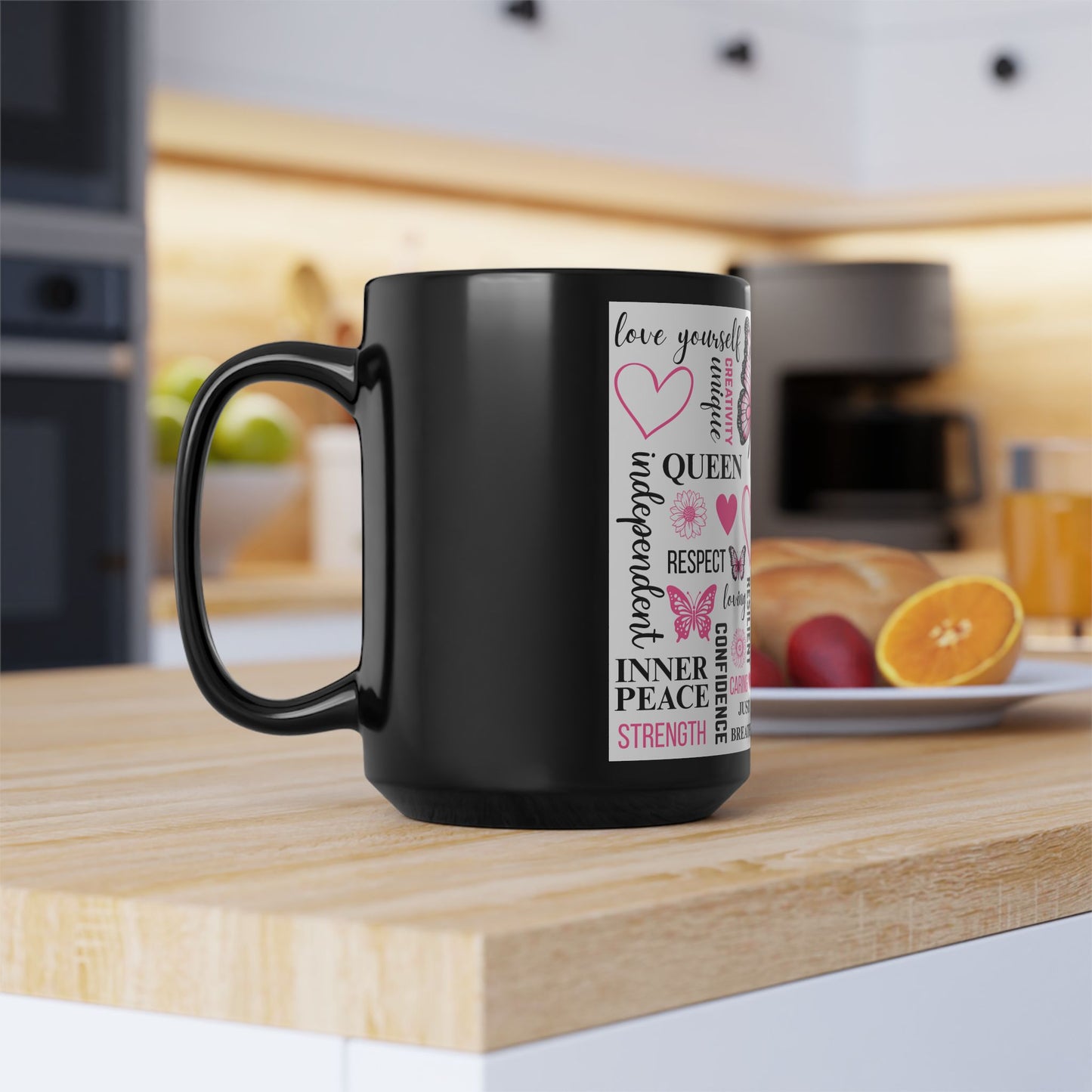 15oz Black Mug — Inspirational Butterfly Affirmation Coffee Cup (I Am... Words of Empowerment)