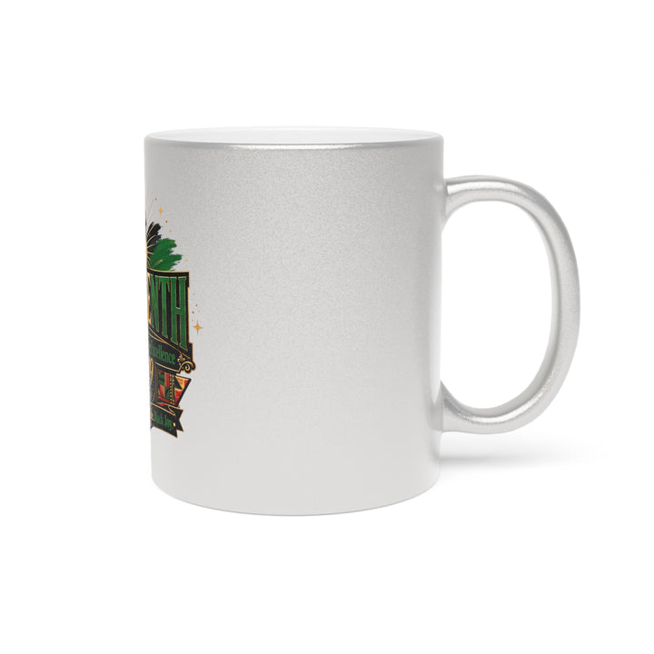 Juneteenth Metallic Mug — Raised Fist Pan-African Design (Silver/Gold, 11oz)