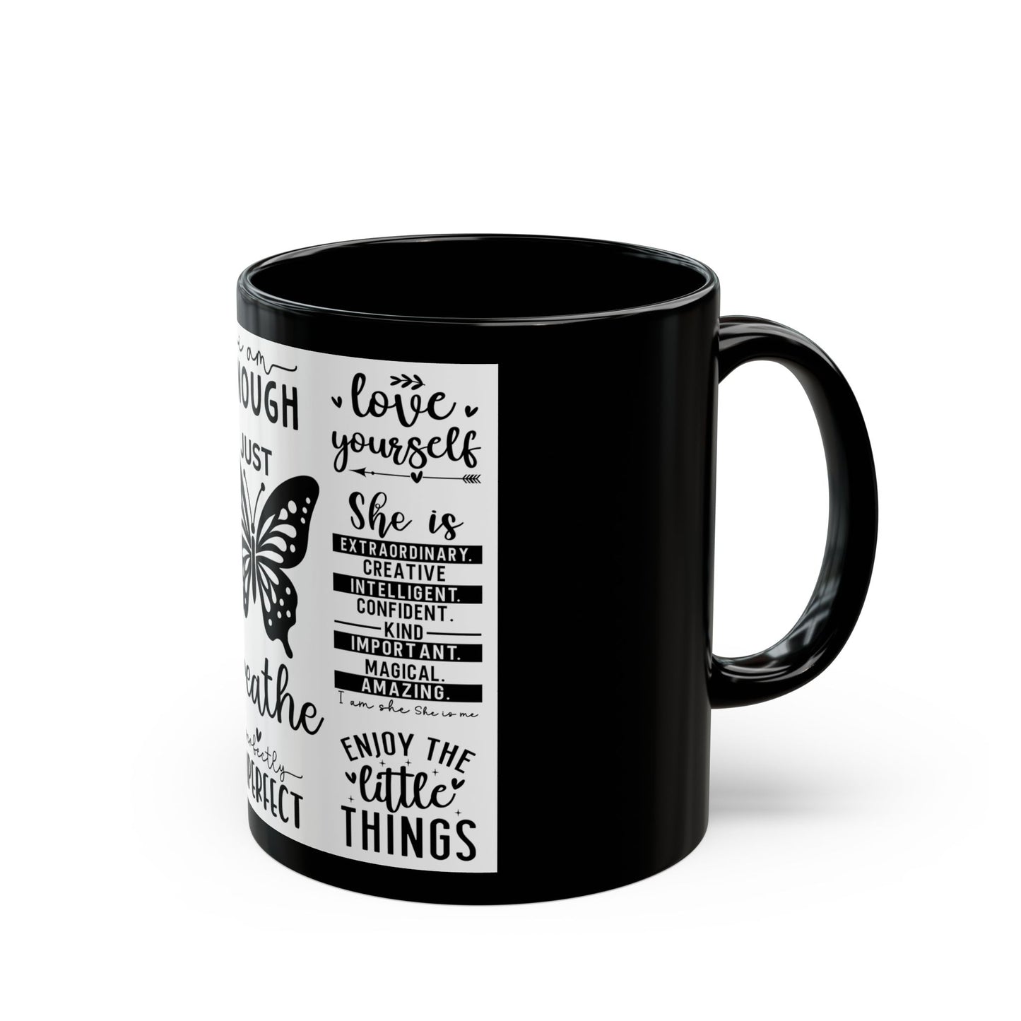 Inspirational Butterfly Mug — 'Just Breathe' Motivational Coffee Cup (Black, 11oz/15oz)