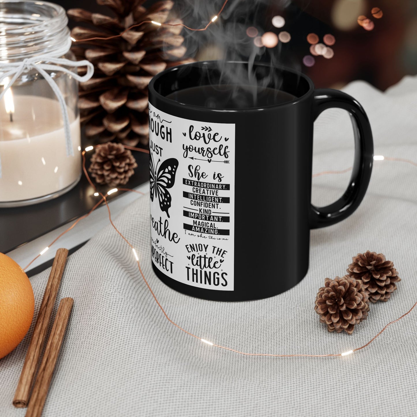 Inspirational Butterfly Mug — 'Just Breathe' Motivational Coffee Cup (Black, 11oz/15oz)