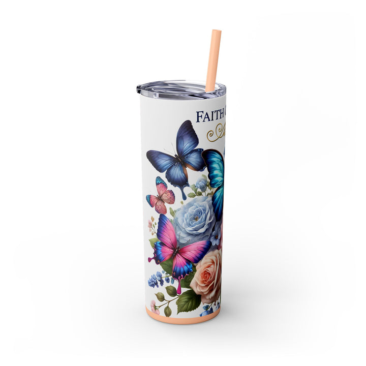 Faith Over Fear 20oz Skinny Tumbler — Butterfly &amp; Rose Floral Travel Cup with Straw