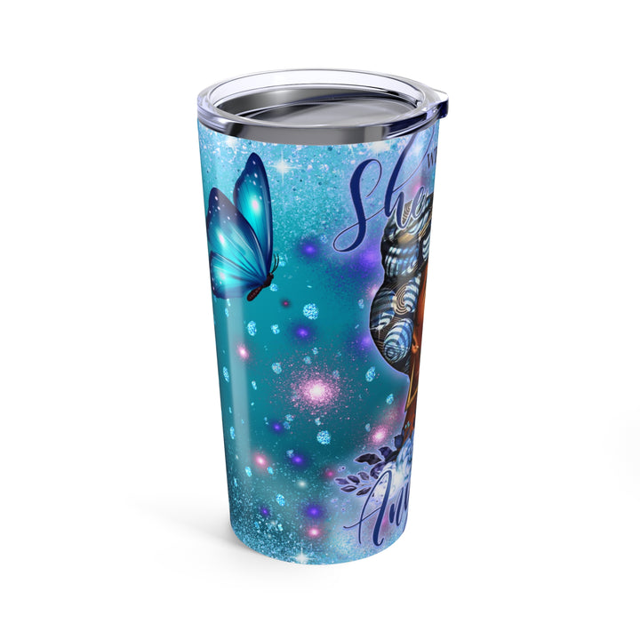 20oz Inspirational Tumbler — "Who Kneels Before God" Blue Butterfly Design