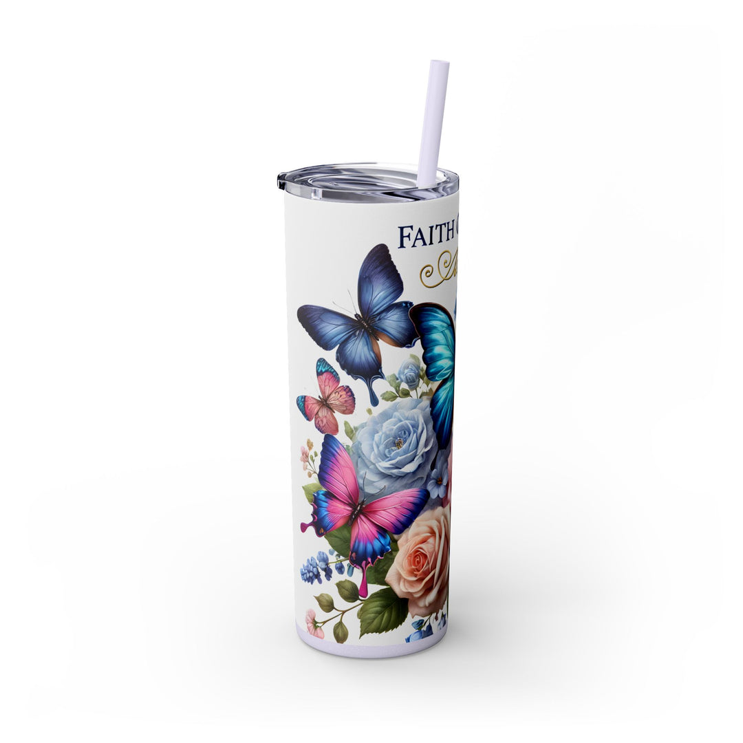 Faith Over Fear 20oz Skinny Tumbler — Butterfly &amp; Rose Floral Travel Cup with Straw