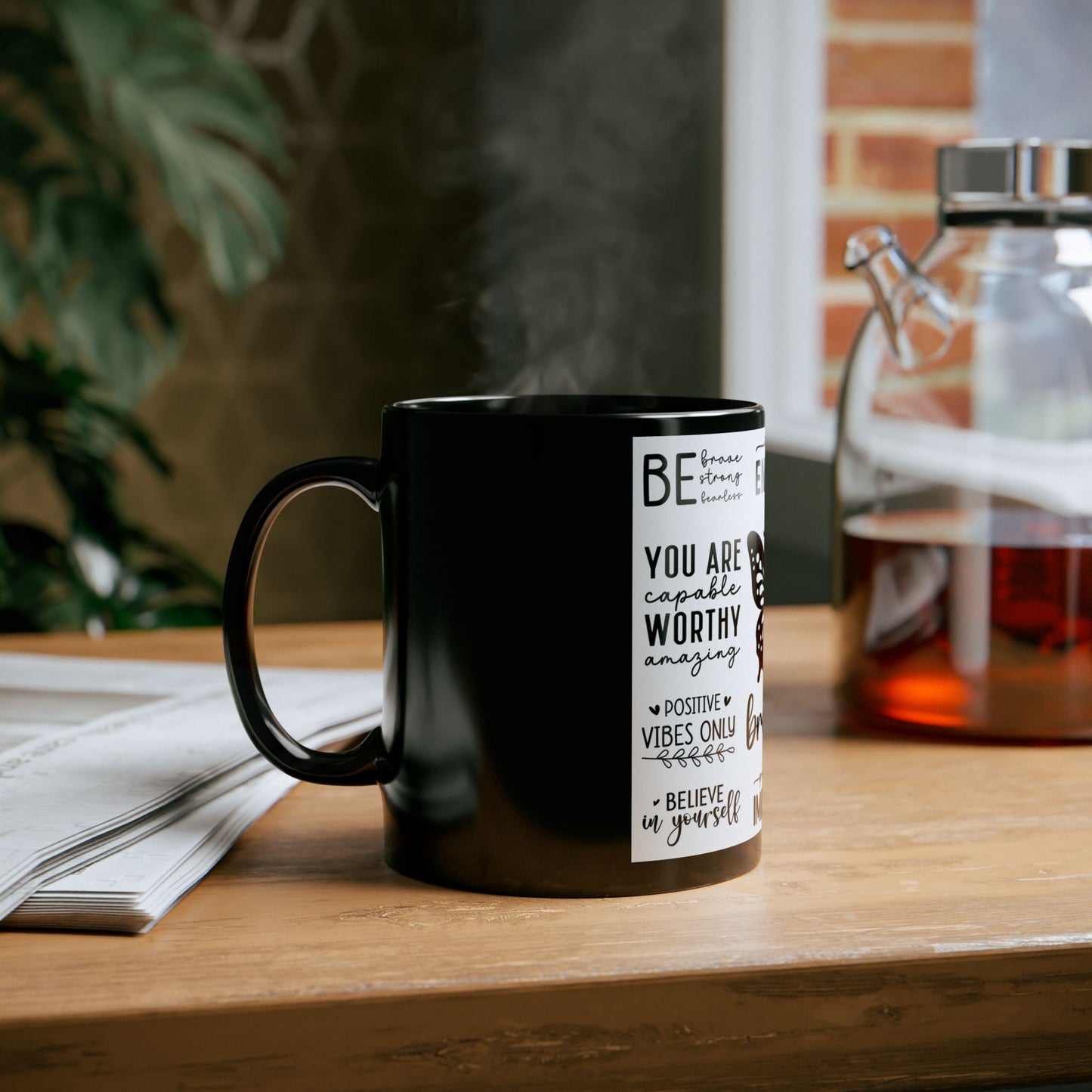 Inspirational Butterfly Mug — 'Just Breathe' Motivational Coffee Cup (Black, 11oz/15oz)