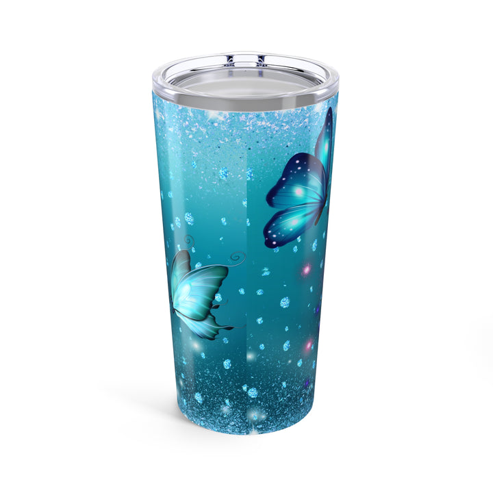 20oz Inspirational Tumbler — "Who Kneels Before God" Blue Butterfly Design