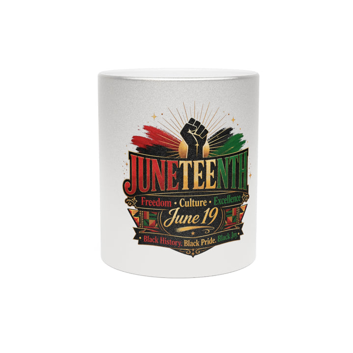 Juneteenth Metallic Mug — Raised Fist Pan-African Design (Silver/Gold, 11oz)