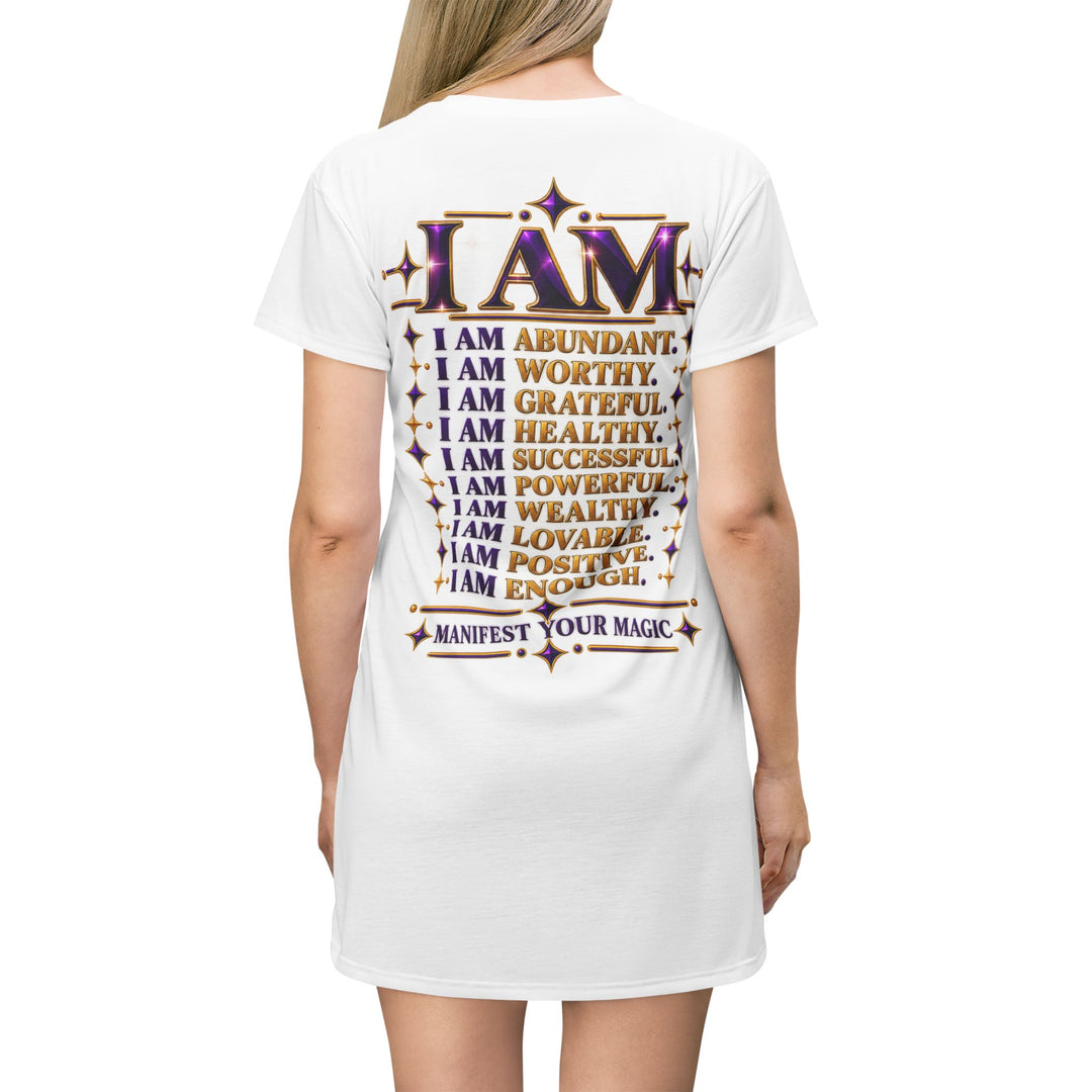 Manifest Abundance T‑Shirt Dress — “Magnify Abundance” Inspirational Affirmation Dress