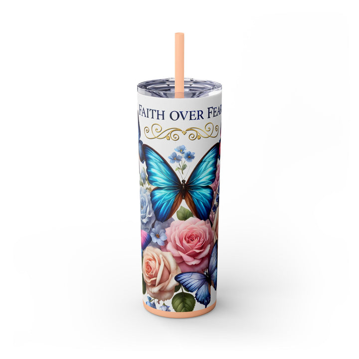 Faith Over Fear 20oz Skinny Tumbler — Butterfly &amp; Rose Floral Travel Cup with Straw