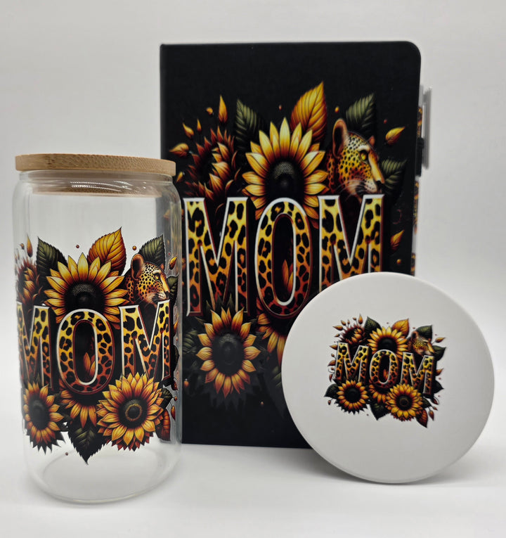 Mother’s Day Gift Bundle for Mom | Sunflower Leopard MOM Frosted Glass Cup, Journal with Pen &amp; Coaster Set | Unique Self Care Gift for Mom