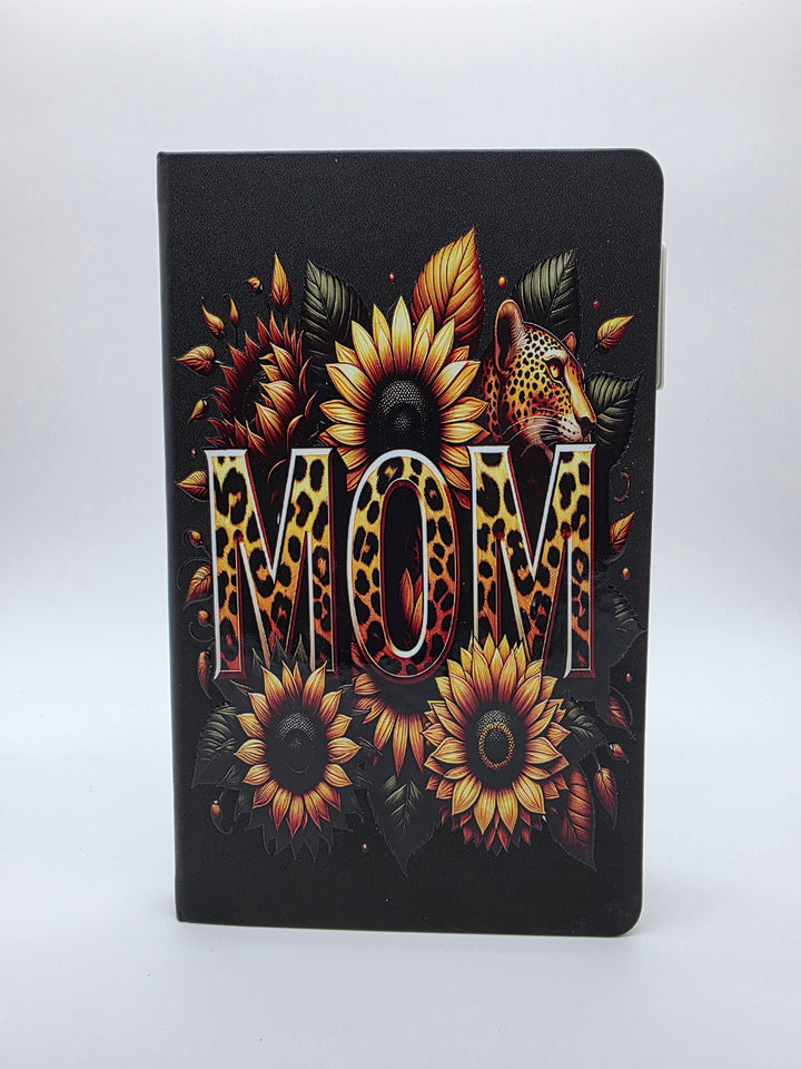 Mother’s Day Gift Bundle for Mom | Sunflower Leopard MOM Frosted Glass Cup, Journal with Pen &amp; Coaster Set | Unique Self Care Gift for Mom