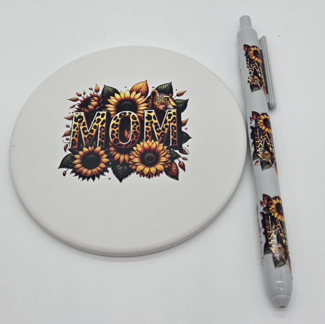 Mother’s Day Gift Bundle for Mom | Sunflower Leopard MOM Frosted Glass Cup, Journal with Pen &amp; Coaster Set | Unique Self Care Gift for Mom
