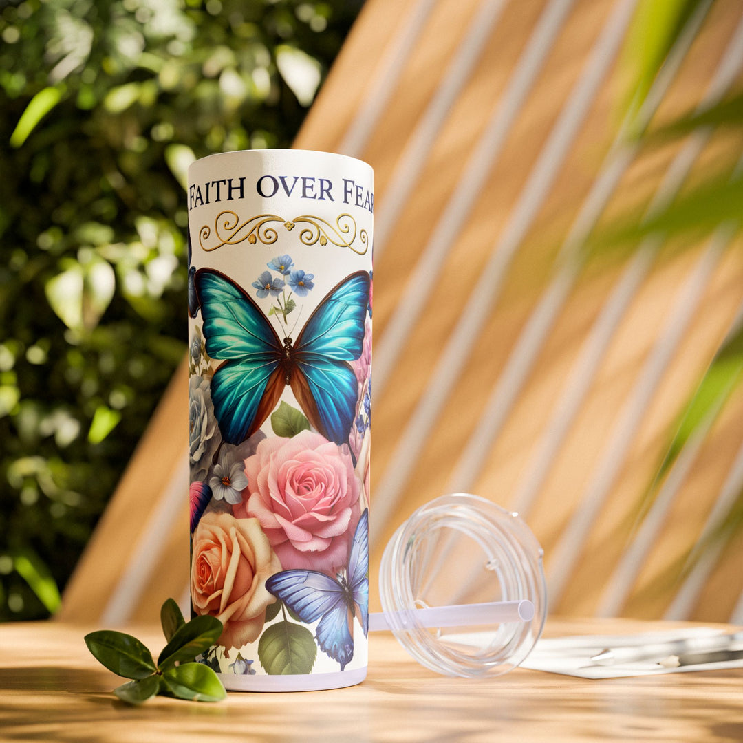 Faith Over Fear 20oz Skinny Tumbler — Butterfly &amp; Rose Floral Travel Cup with Straw