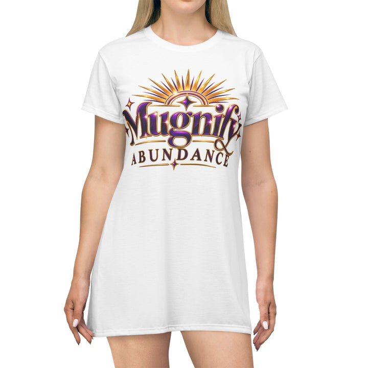 Manifest Abundance T‑Shirt Dress — “Magnify Abundance” Inspirational Affirmation Dress