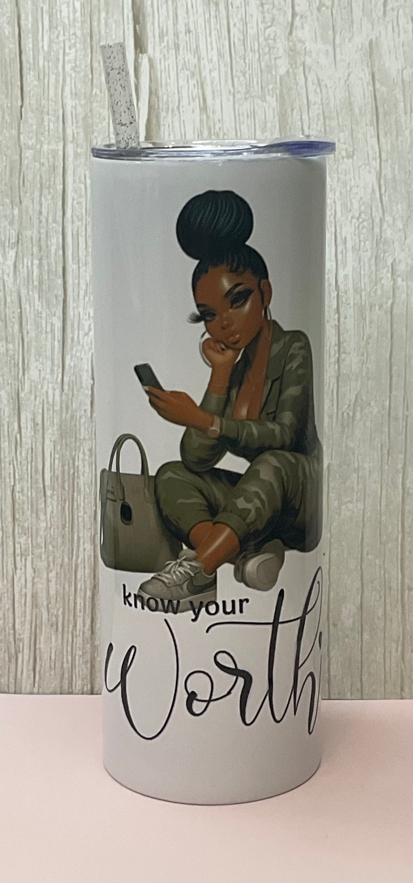 “Know Your Worth” 20oz Tumbler – Black Girl Boss Energy | Self-Love & Empowerment Cup
