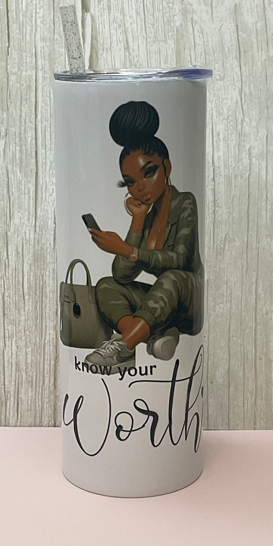 “Know Your Worth” 20oz Tumbler – Black Girl Boss Energy | Self-Love & Empowerment Cup