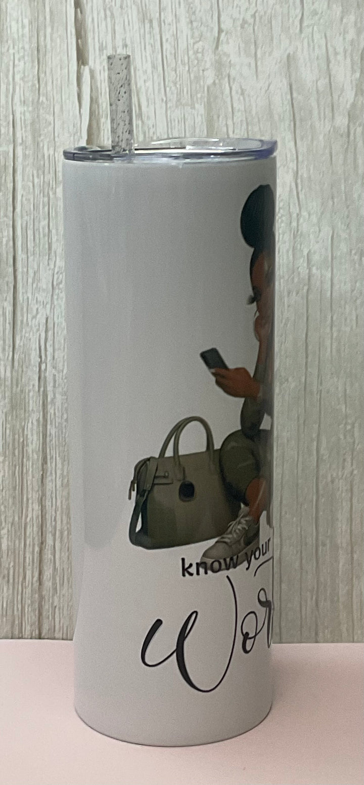 “Know Your Worth” 20oz Tumbler – Black Girl Boss Energy | Self-Love &amp; Empowerment Cup