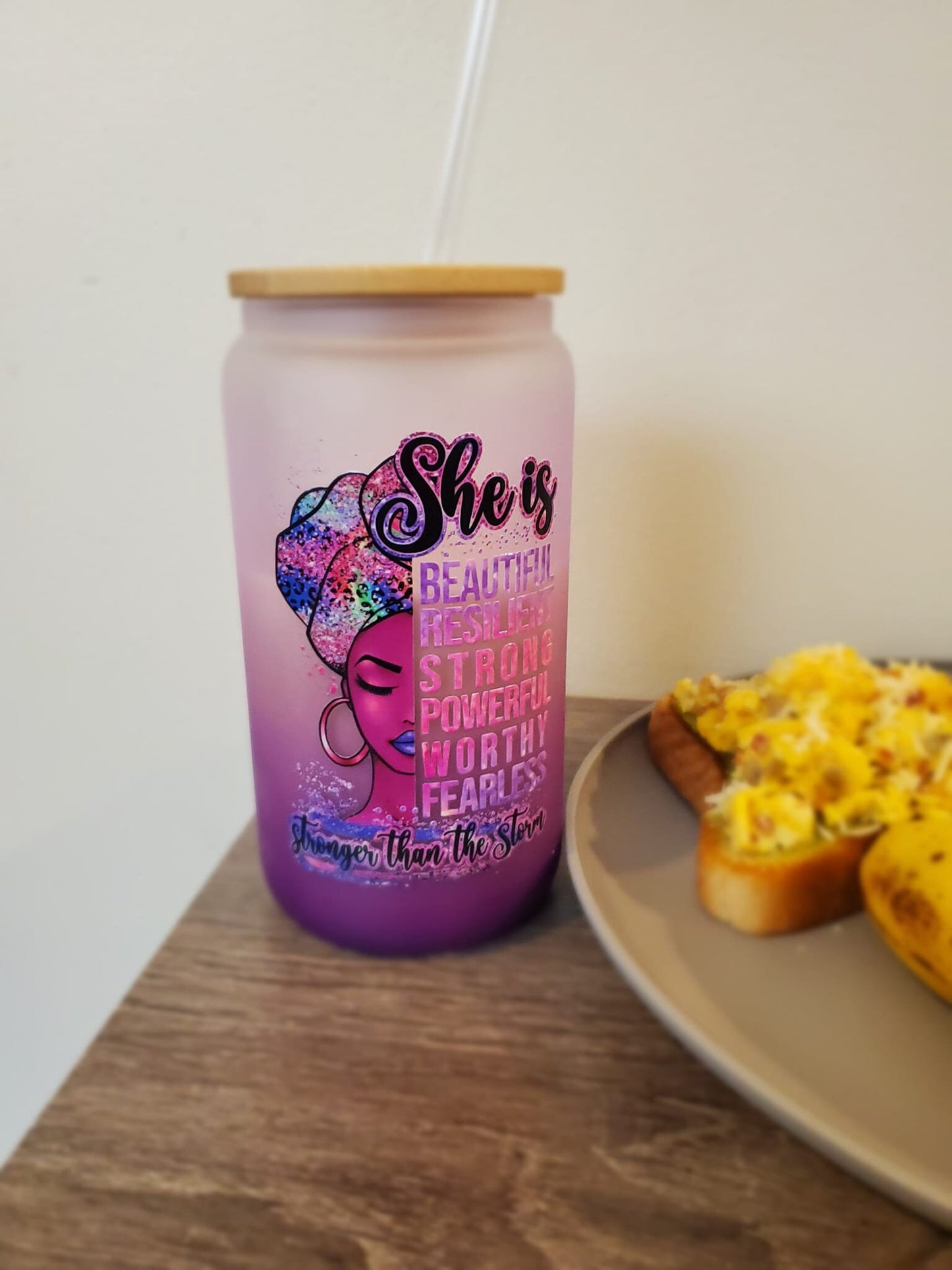 Empowering Purple Ombre Glass Water Bottle: Affirmations, Bamboo Lid