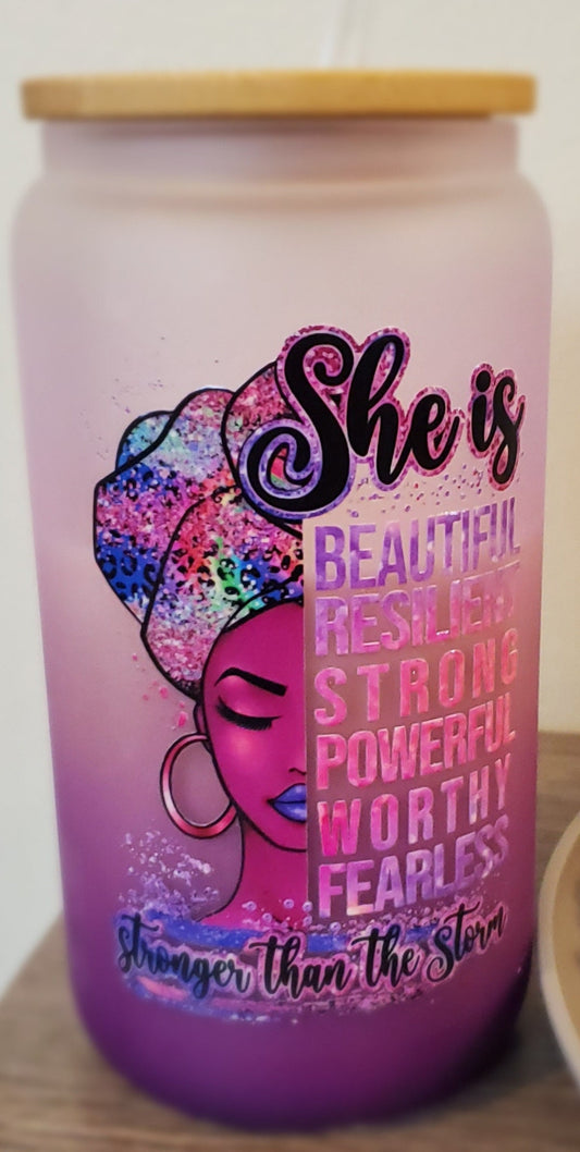 Empowering Purple Ombre Glass Water Bottle: Affirmations, Bamboo Lid