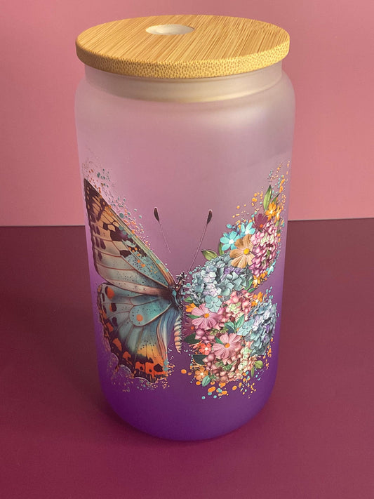 Butterfly Glass Can Cup: Purple Ombre 16oz with Bamboo Lid & Straw