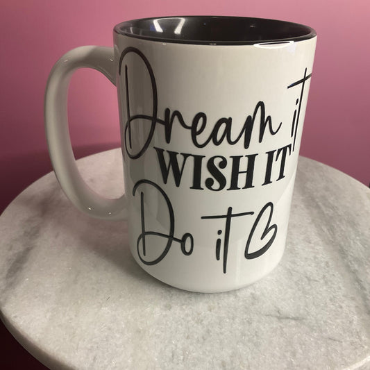 Chase Your Dreams Mug - Two-Tone Motivational Coffee Cup, Ceramic Drinkware, Perfect Coffee Lovers, 15 oz, Black and White