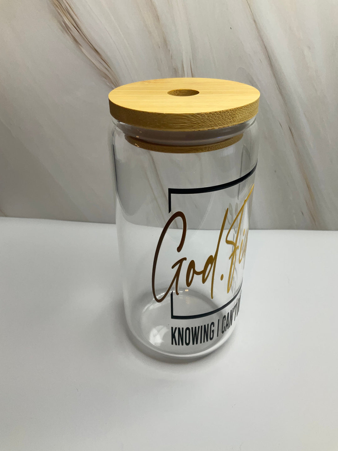 Faith-Based - 16 oz Clear Water Glass with Bamboo Lid &amp; Plastic Straw