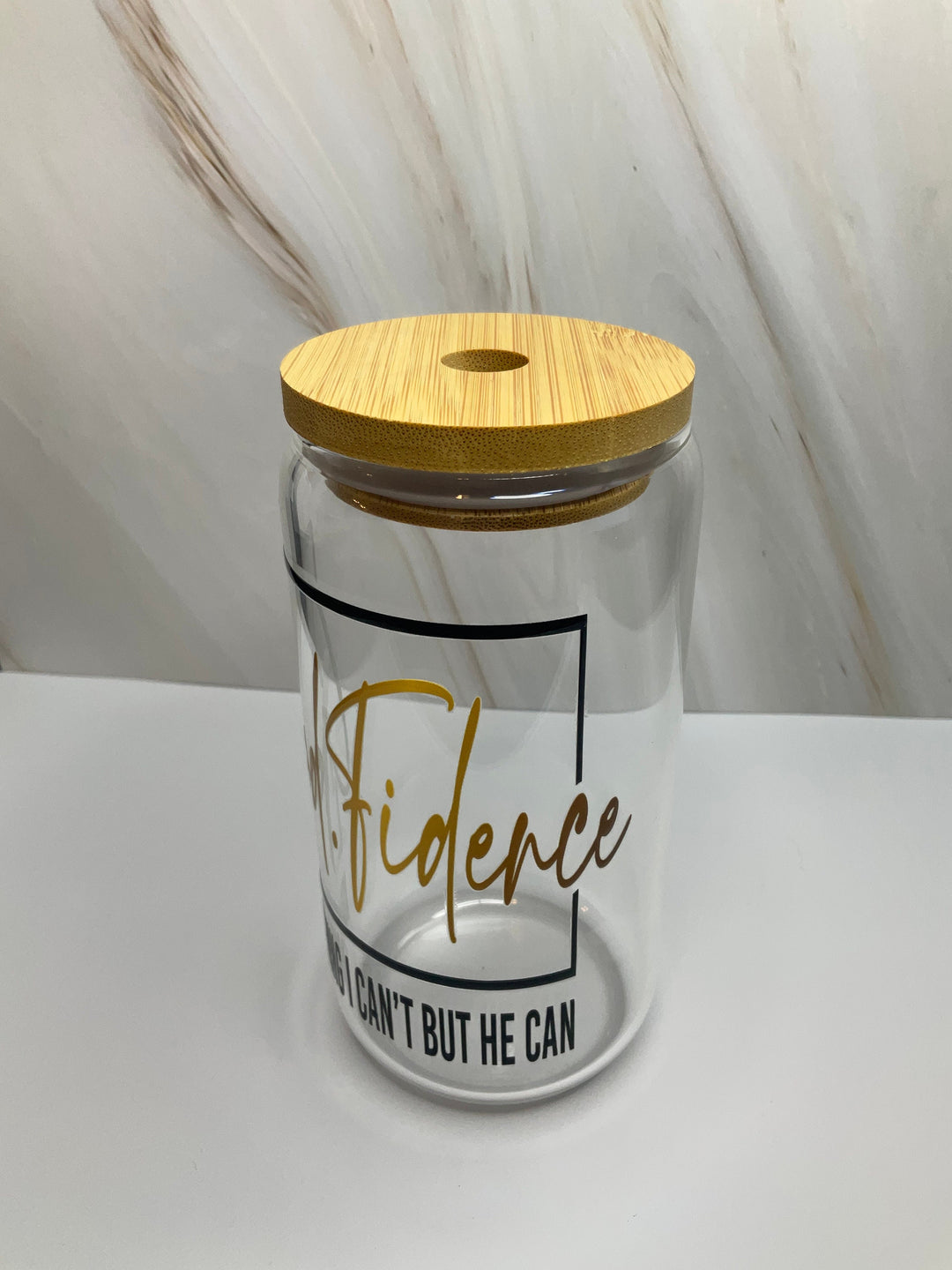 Faith-Based - 16 oz Clear Water Glass with Bamboo Lid &amp; Plastic Straw