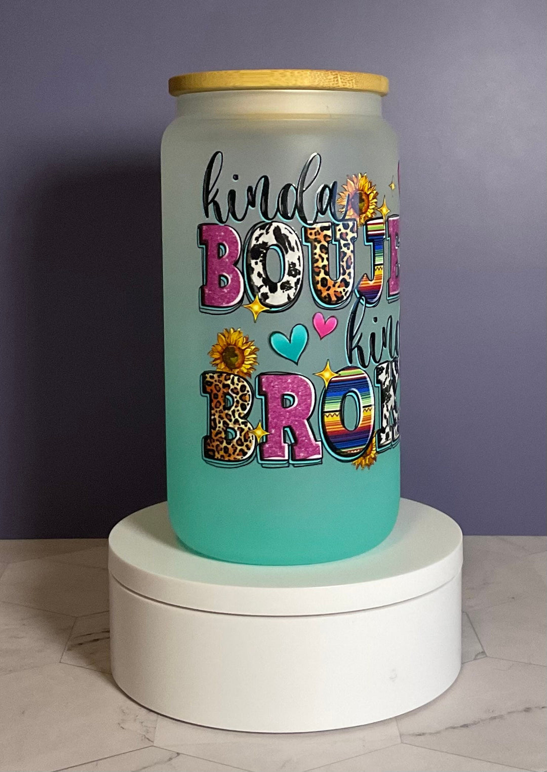 Kinda Bujee Glass Tumbler, 16 oz Drinking Glass, Best Friend Gift, Funny Gift, Ombre Glass Cup, Iced Coffee Glass Can