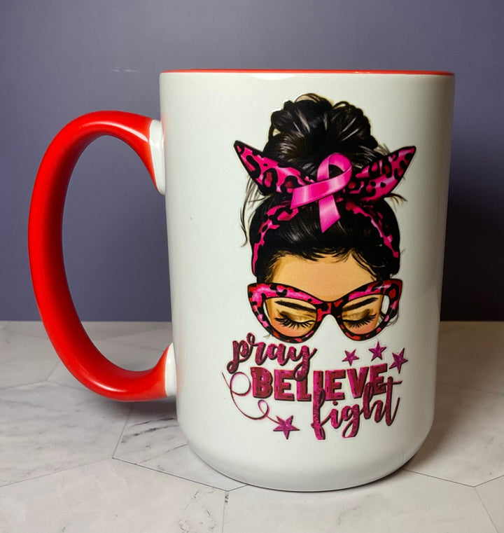 Pray Believe Fight Coffee Mug: Two-Tone Red and White Ceramic, 15 oz