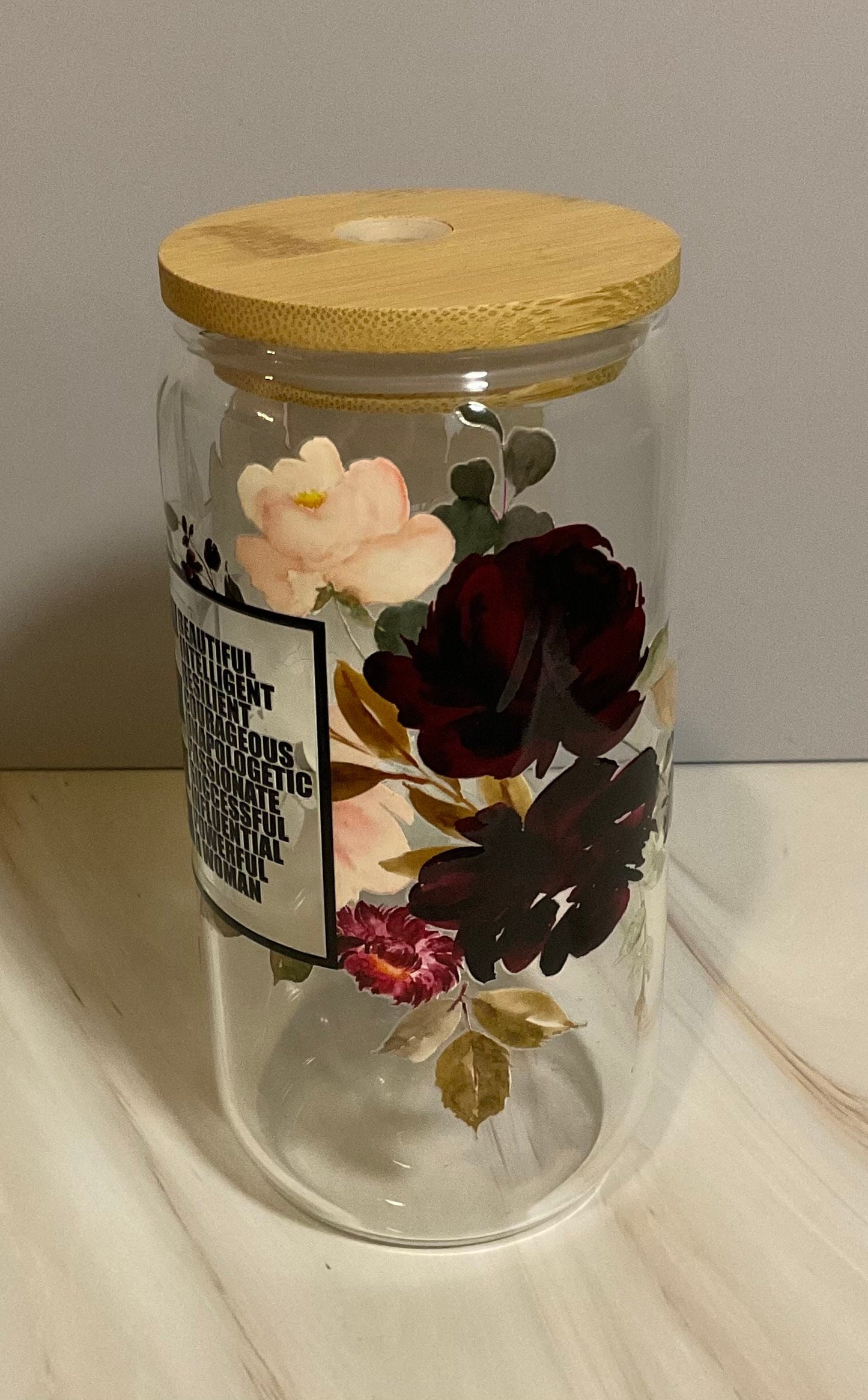 Inspirational Glass Can (16 oz): Affirmation Iced Coffee Cup with Lid & Straw