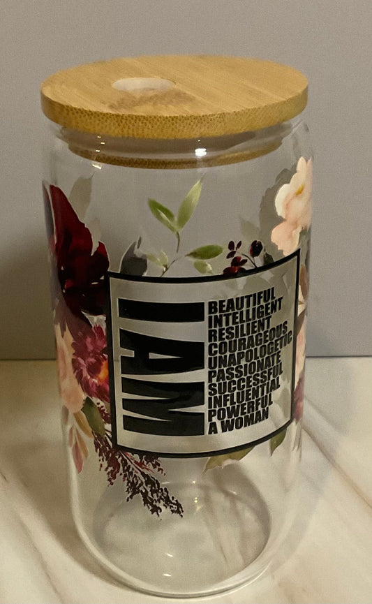 Inspirational Glass Can (16 oz): Affirmation Iced Coffee Cup with Lid & Straw