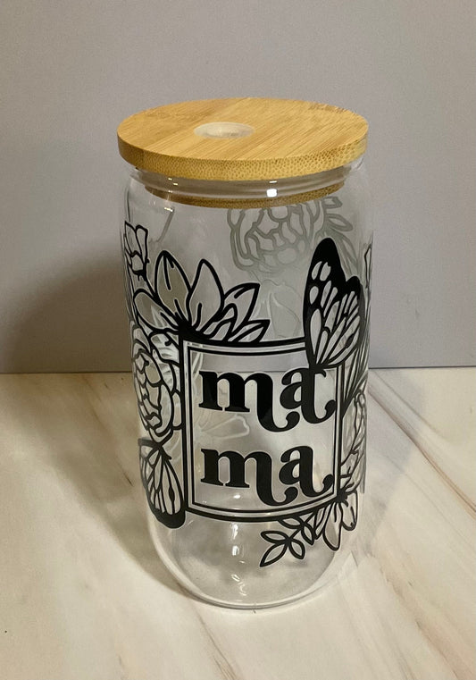 Mama Glass Can with Bamboo Lid & Reusable Straw - 16 oz