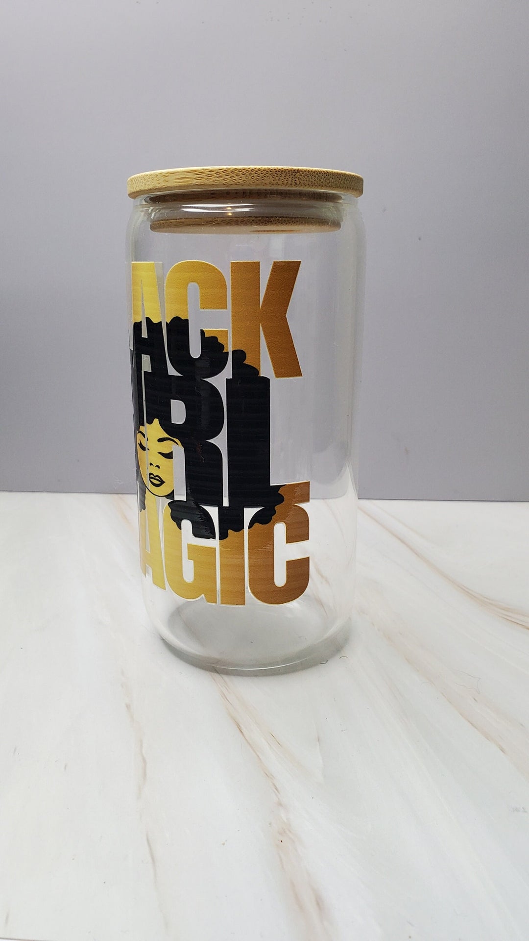 Black Girl Magic Glass Iced Coffee Cup with Lid &amp; Straw