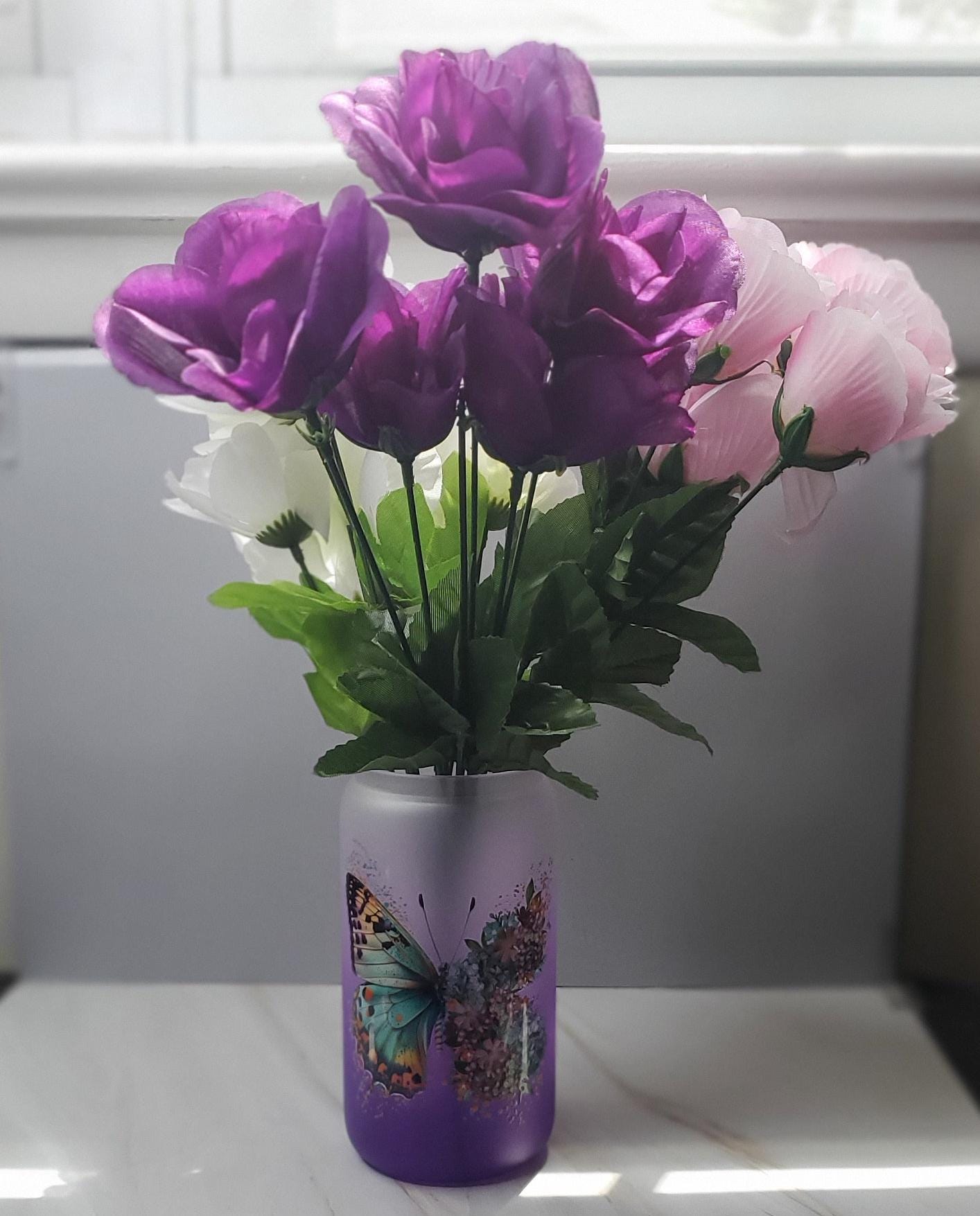 Butterfly Glass Can Cup: Purple Ombre 16oz with Bamboo Lid & Straw