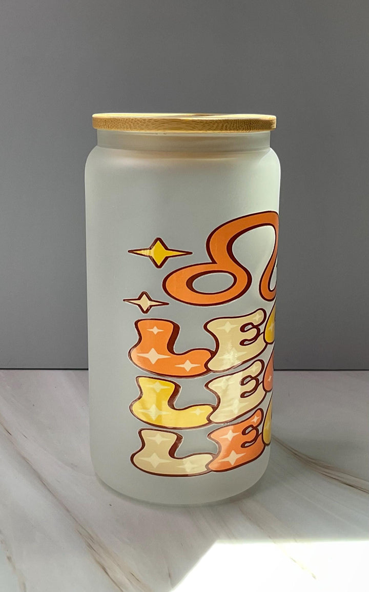 Leo Zodiac Frosted Glass Tumbler: Bamboo Lid &amp; Straw (16 oz)