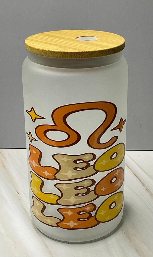 Leo Zodiac Frosted Glass Tumbler: Bamboo Lid & Straw (16 oz)