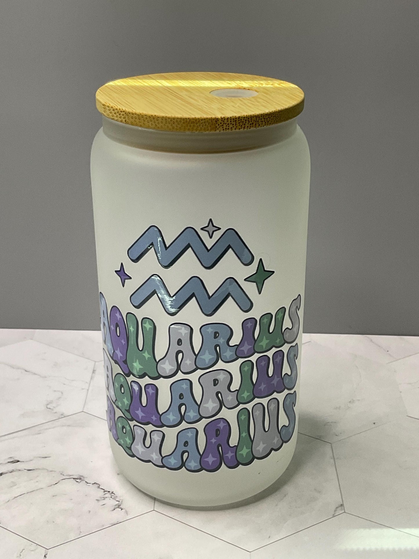 Aquarius Zodiac Frosted Glass: 16 oz Water Tumbler with Bamboo Lid